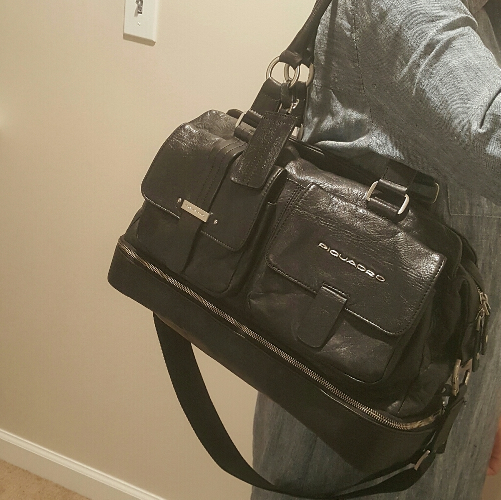 Piquadro Black Leather Duffle Bag Weekender - Picture 14 of 16